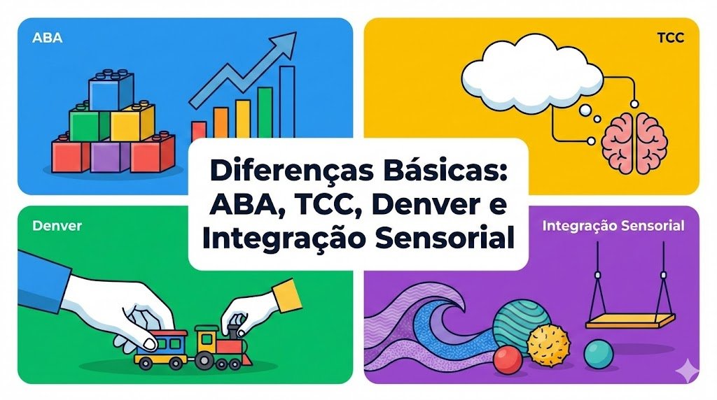 Diferenças básicas entre ABA, TCC, Denver e Integração Sensorial.